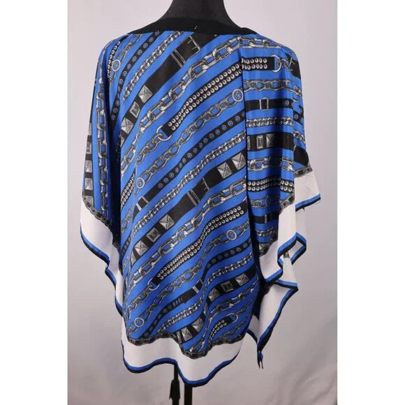 Michael Kors Women's Blue Black Chain Print Poncho Top Size L/XL Polyester Light - Picture 2 of 11